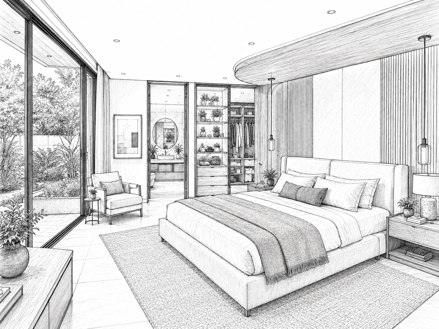 Horizon — primary bedroom, architectural sketch