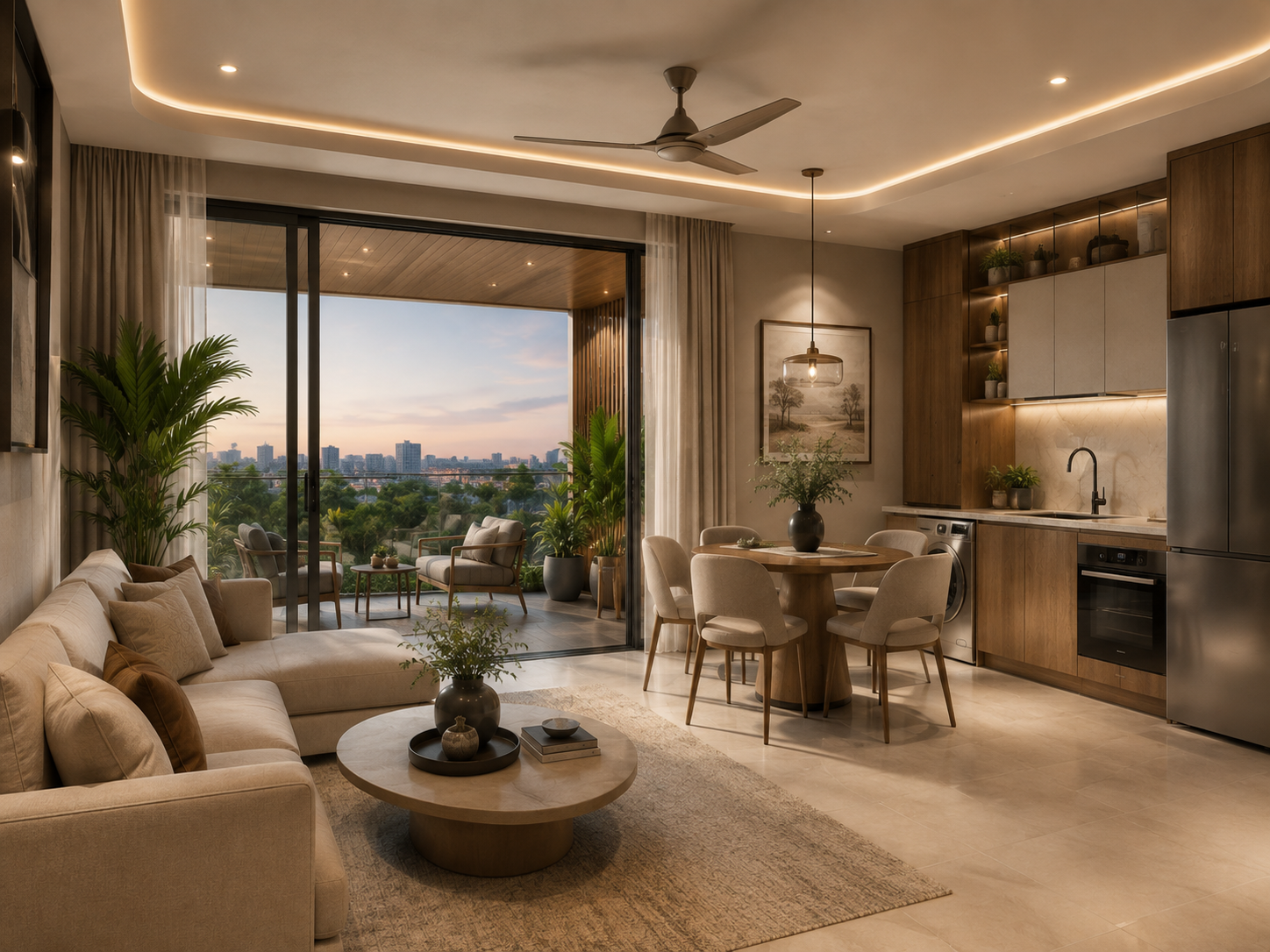 Horizon — living & kitchenette, rendered view