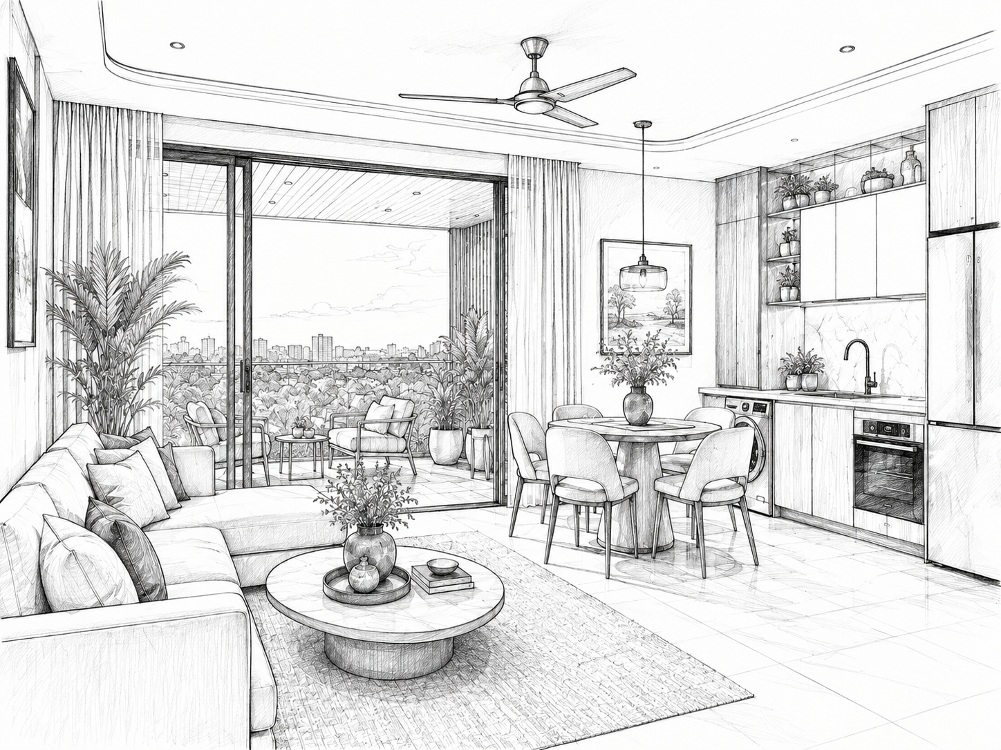 Horizon — living & kitchenette, architectural sketch