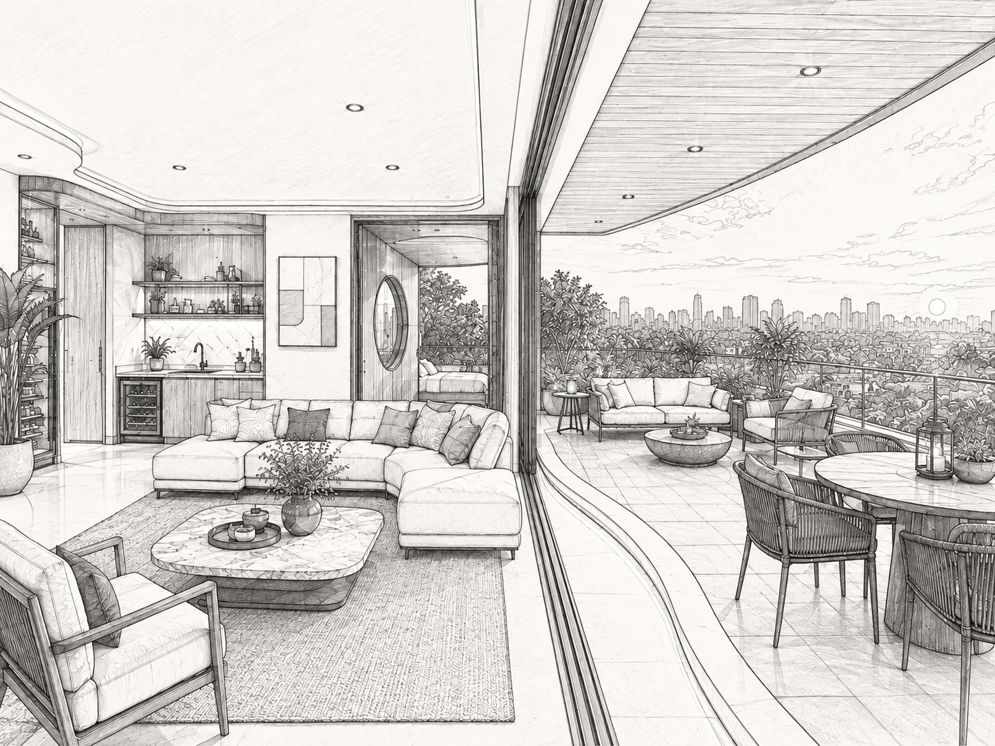 Horizon — terrace lounge, architectural sketch