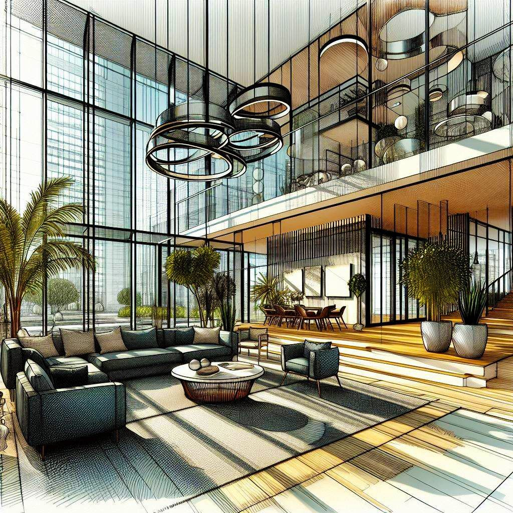 Meridian — living area, rendered view