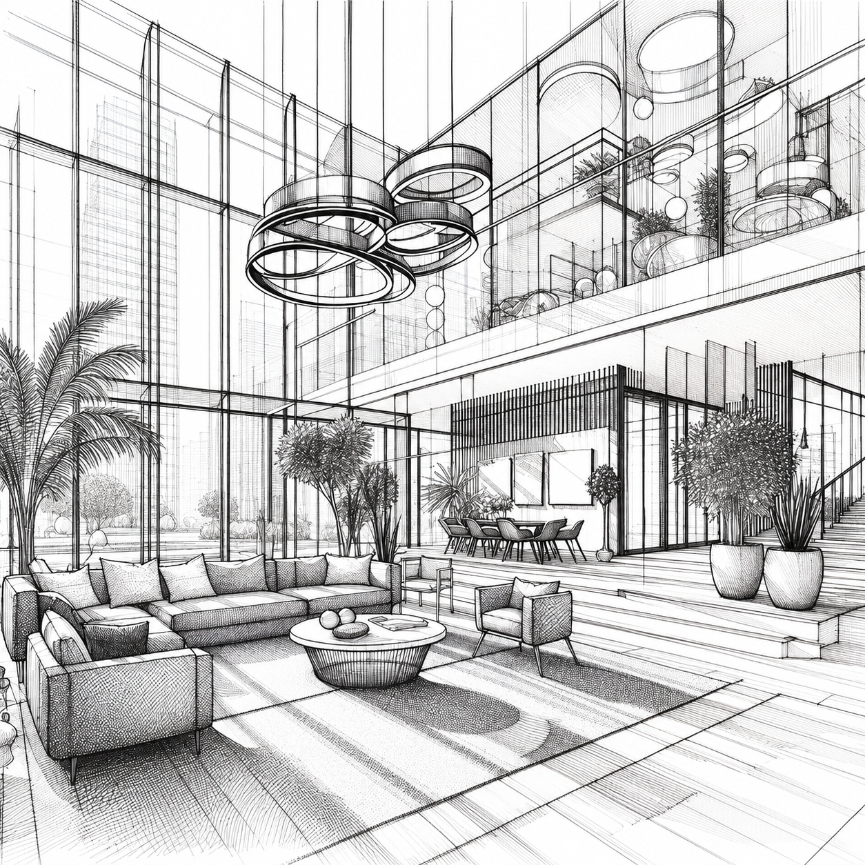 Meridian — living area, architectural sketch