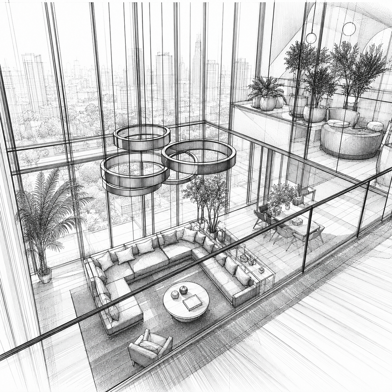 Meridian — dining terrace, architectural sketch