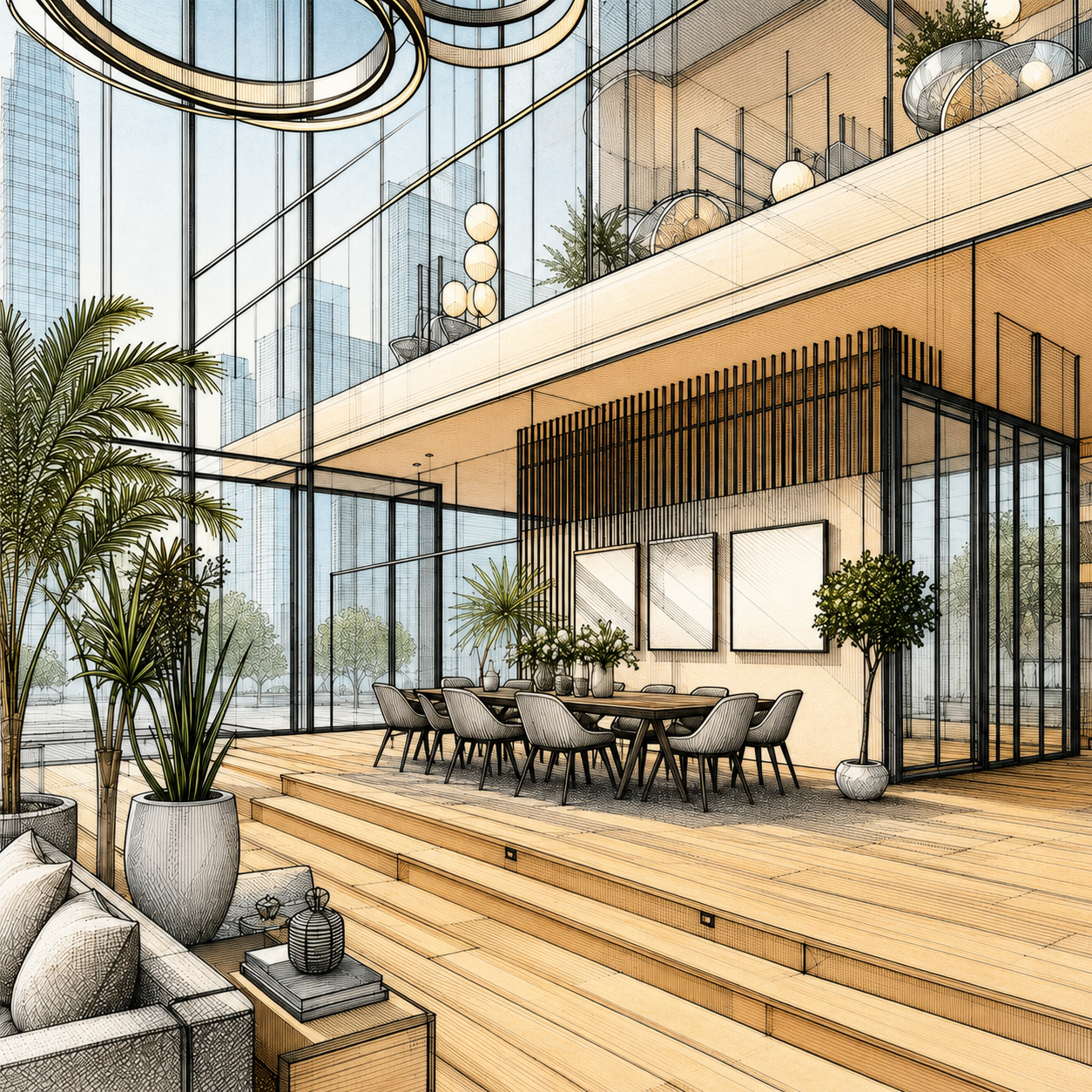 Meridian — dining detail, rendered view