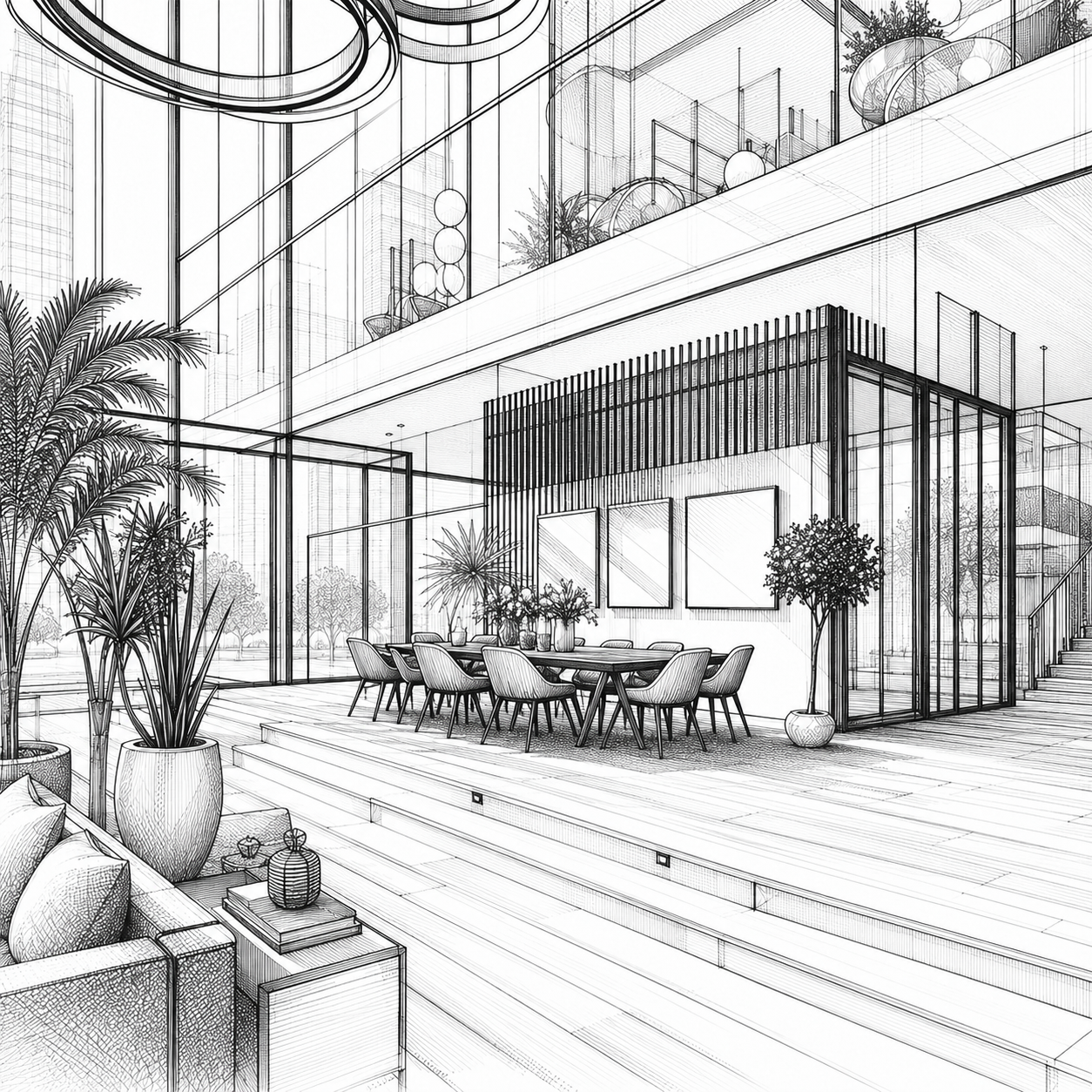 Meridian — dining detail, architectural sketch