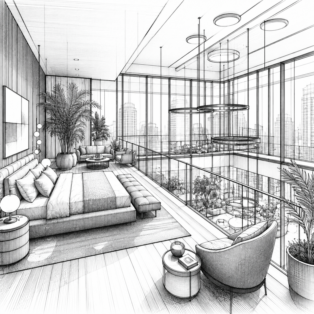 Meridian — upper lounge, architectural sketch