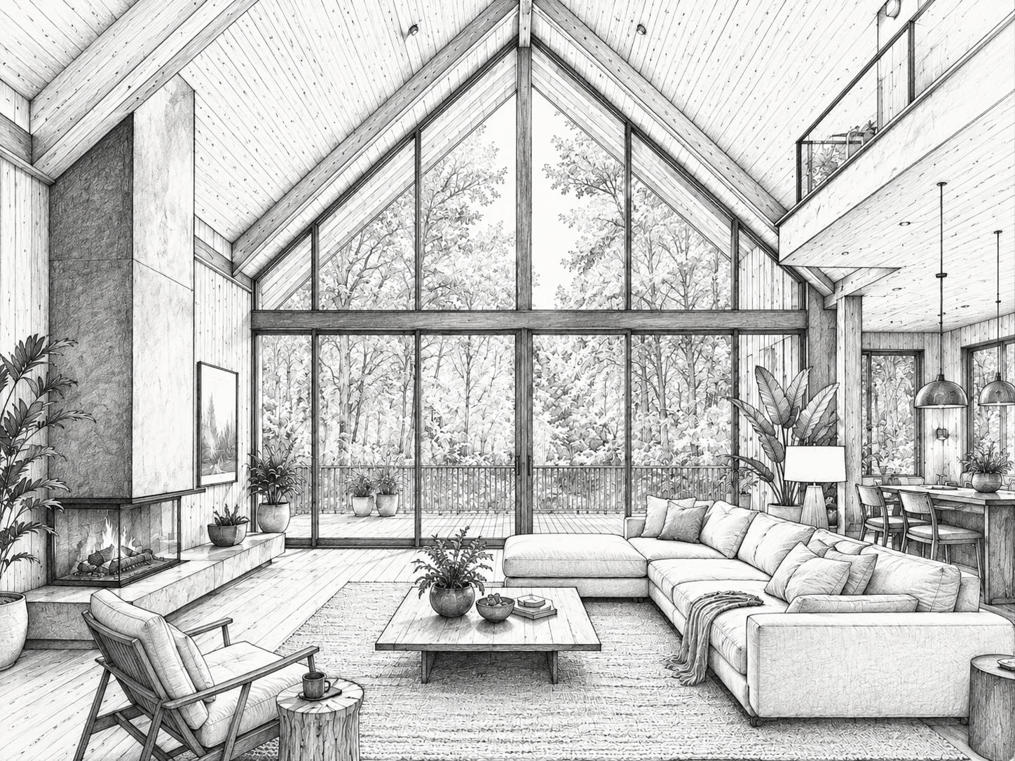 Forest Retreat — great room, architectural sketch