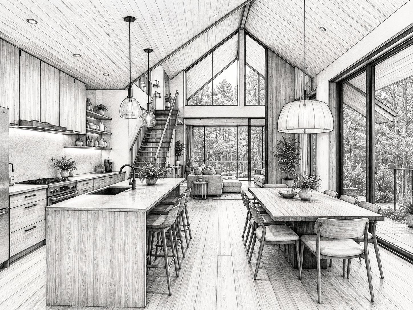 Forest Retreat — kitchen & dining, architectural sketch