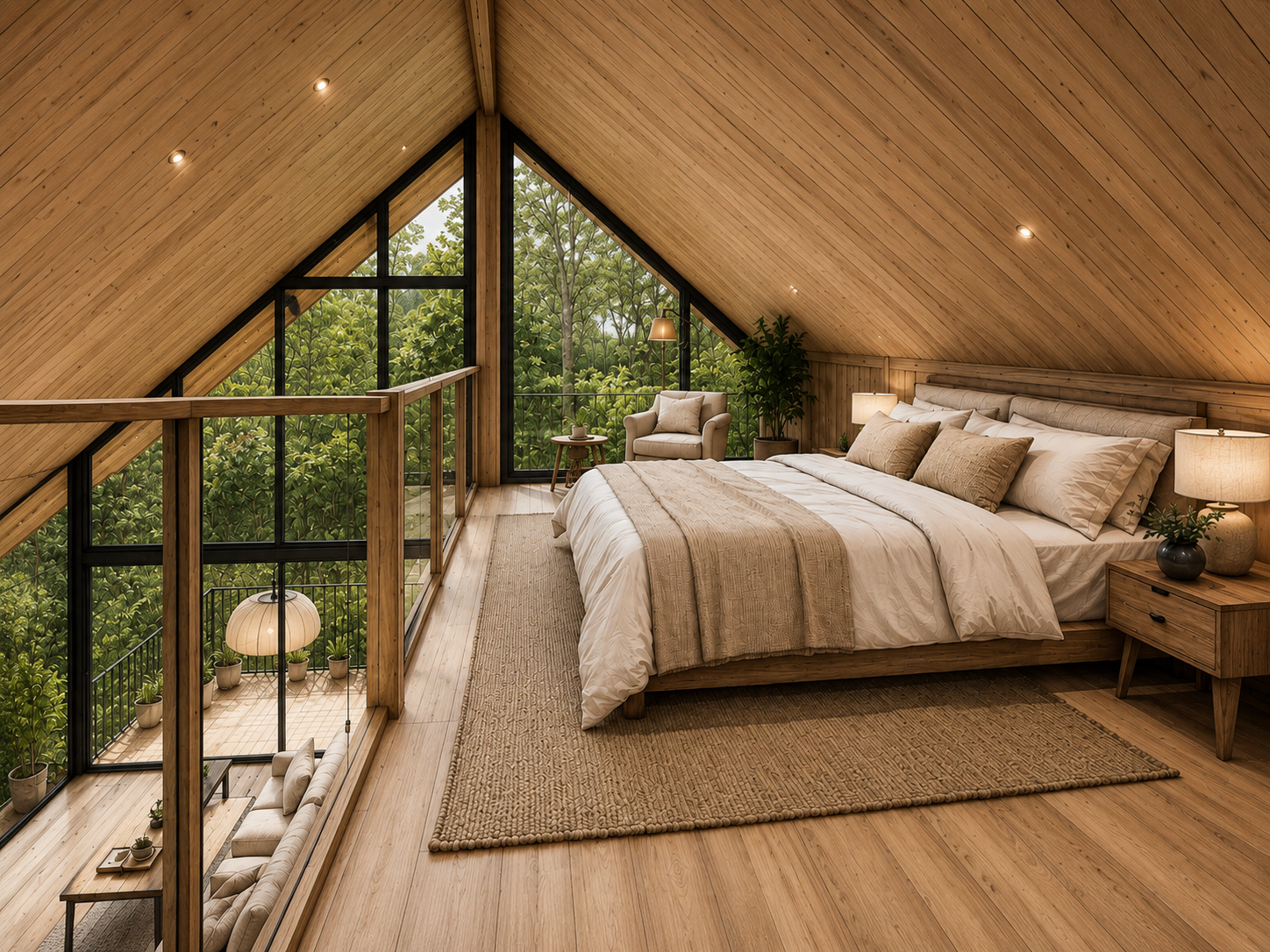 Forest Retreat — primary loft suite, rendered view