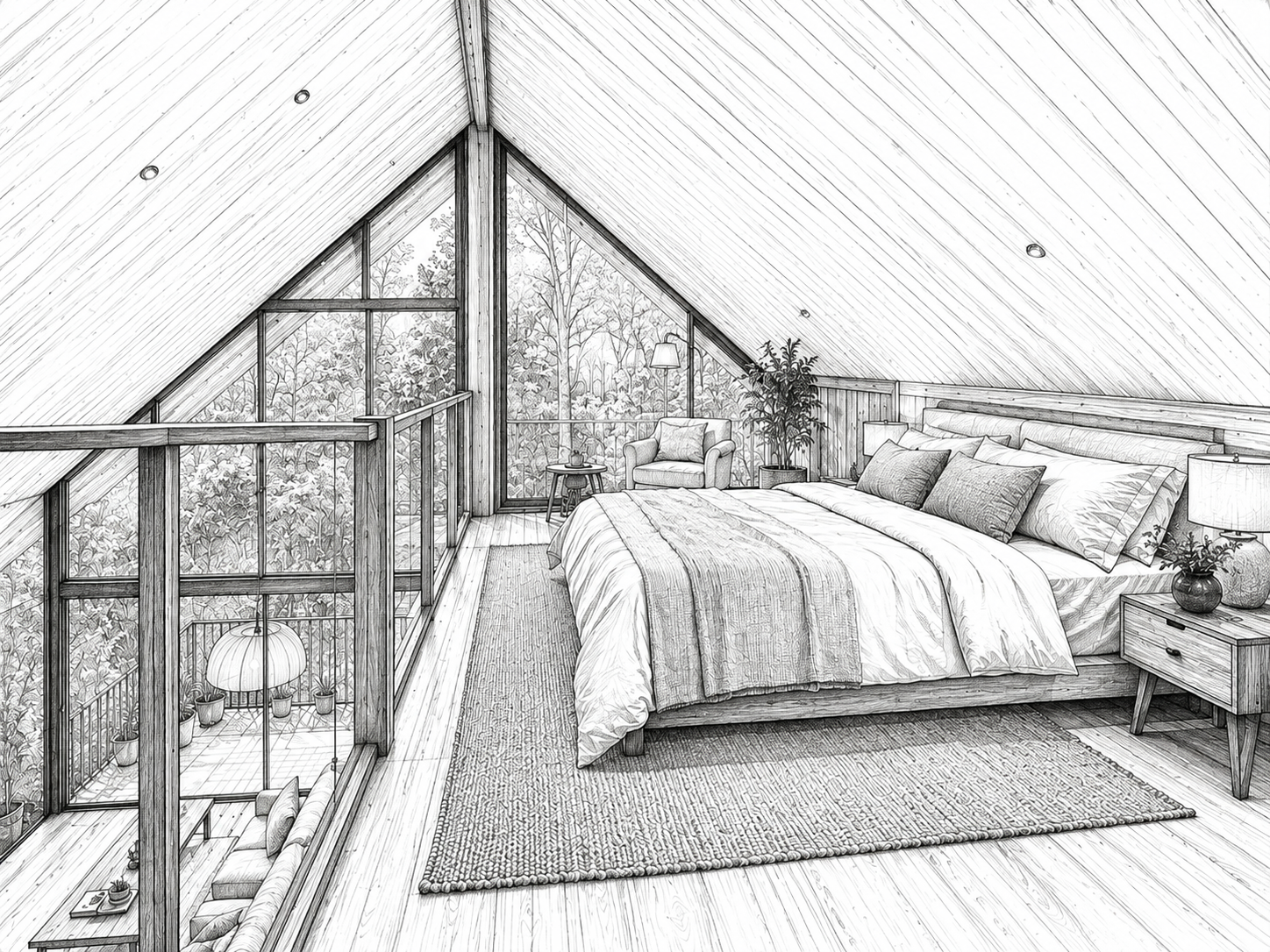 Forest Retreat — primary loft suite, architectural sketch