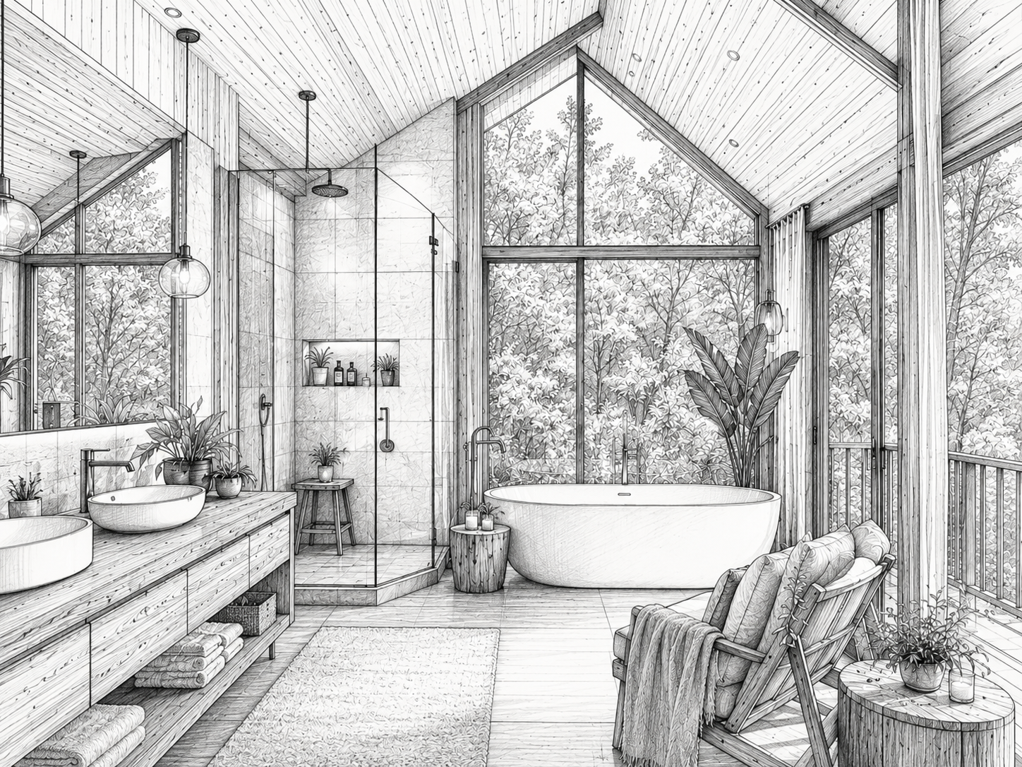 Forest Retreat — spa bathroom, architectural sketch