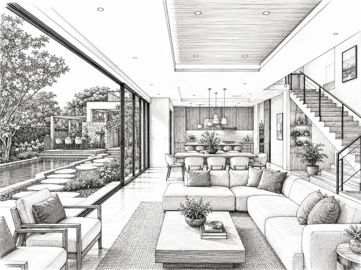 Solstice — living & dining, architectural sketch
