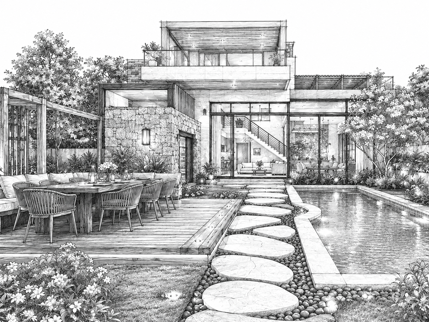 Solstice — pool courtyard, architectural sketch