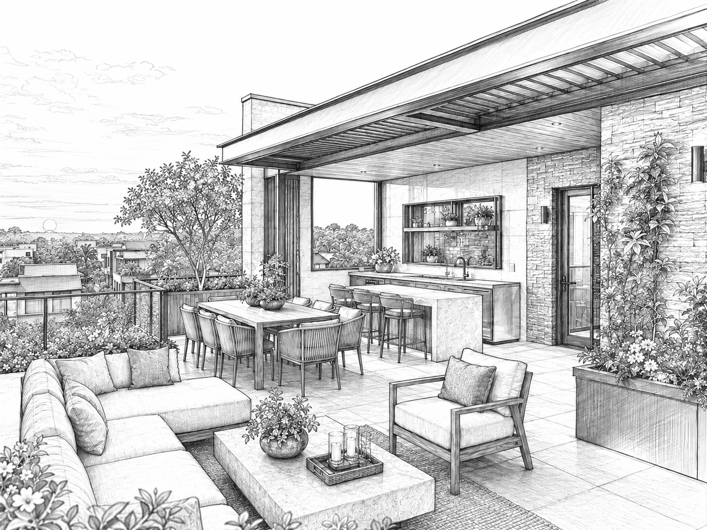 Solstice — rooftop sky terrace, architectural sketch
